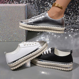 Shoes for Women Sneakers Crystal Thick Soles Casual Rhinestones PU Walking Flats Thick Bottom Lace Up Shoes Plus Size