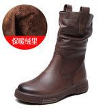 Breakj Layer Kraft Mid-Sleet Boots Women Autumn And Winter New Flat Bottom Comfortable Side Zipper Martin Boots Retro Style Horse