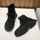 Boots Women Autumn New Knitted Elastic Short Ankle Boots Platform Lace Up Casual Outdoor Sports Short Botines Black