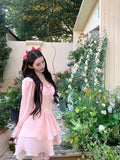 Sweet Y2k Mini Dress Woman Pink Kawaii Long Sleeve Dress Party 2023 Summer Elegant One Piece Dress Korean Fashion