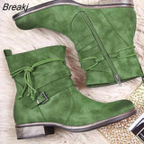 Autumn Retro Knight boots Women Round Toe Lace UP Ankle Boots Female Plus Size Flat Shoes Belt Buckle Suede Short
