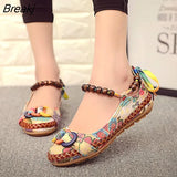 Plus size42 Casual Flat Shoes Women Flats Handmade Beaded Ankle Straps Loafers Zapatos Mujer Retro Ethnic Embroidered