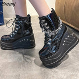 Women's Motorcycle Boots 2023 Boots Women Big Size 43 Black Zipper Lace Up Chain Wedges Platform Fashion Gothic Punk