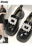 Autumn Loafers Pu Leather Shoes Women's Thick Soles Square Toe Single Shoes College Retro Rhinestones Pumps