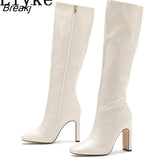 New White Knee High Boots Women Square Heels Casual Winter Long Boot Shoes Ladies Zip Fashion Cool Knight