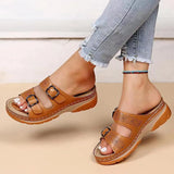 Double Buckle Wedge Slippers Women Summer 2023 Brown PU Leather Platform Sandals Woman Casual Non Slip Beach Flip