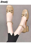 for Women 2023 Round Toe Ladies Summer Footwear Normal Leather Casual Black Square Heels Sandals with Medium Wholesale A
