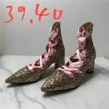 Size Summer Woman Rivet Sandals Thick Bottom Solid Color Flat Ankle Boots Female Shiny Lace-Up High Heel Shoes Designer