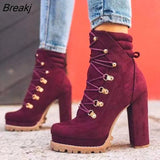 Women Flock Rivet Ankle Boots Female Square High Heels Autumn Fashion Sexy Lace-Up Shoes Ladies Retro Footwear Plus Size