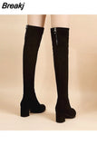 Suede Female Heels Autumn Zipper Elastic Knee-high Boots for Women Tube Lace-up Thigh Gigh Boots Black Botas Mujer