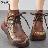 Genuine Leather Women Boots Retro Shoes 2023 New Autumn Winter Print Round Toe Lace-up Handmade Concise Platform