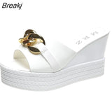 Chain High Heels Slippers Women's Wedding Shoes Summer 2023 New Casual White Black Wedges Slides Ladies Beach