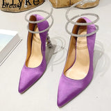 2023 New Fashion Crystal Ankle Strap Women Pumps Purple Silk Pointed Toe Rhinestone High Heels Party Banquet Stiletto