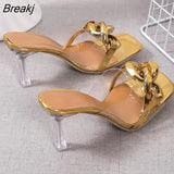 Summer Big Chain Transparent Women's Slippers of Sandals Square Toe Metal Chain High Heels Shoes Women Slides Thin