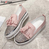 43 Luxury Crystals Round Toe Flats Women Pink white Bordered Fringe Platform Casual Female Rhinestone Women Shoes