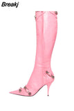 Women High Heels Boots Woman Pointed Toe Stilettos Heels Knee High Boots Sexy Ladies Rivet Retro Pumps 2023 New Botas