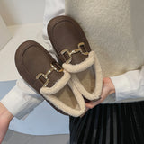 Leather Loafers Shoes Woman Boots Winter Flat Fashion Keep Warm One-step Faux Fur Casual Shoes Women Walking Flats