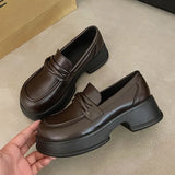 Brown Pu Leather Platform Loafers Women Fashion Slip On Shallow Flats Shoes Woman British Style Middle Heels Office