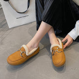 Leather Loafers Shoes Woman Boots Winter Flat Fashion Keep Warm One-step Faux Fur Casual Shoes Women Walking Flats