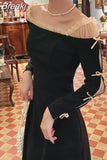 Fahsion Evening Party Dress Women Off Shoulder Bow Vintage Midi Dress Lady Elegant Long Sleeve Black Dress 2023