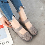 Hollow Genuine Leather Breathable Soft Flat Sandals Summer Women Shoes Woman Casual Solid Buckle Strap Ladies