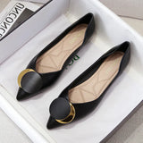 Shoes Women Pointed Toe Soft leather Black Beige Lady Fashion Flats Round buckle Flat Sole Large Size 42