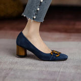 Women Spring Pumps Fasion French Retro Square Toe Brushed Metal Thick Medium Heels Boat Female Slip-on Professional Shoes