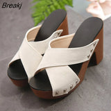 Size 35-40 High Heels Slippers Women's Platform Shoes Summer Block Heel Leather Black Slides Ladies Office Slippers