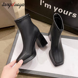 Women Ankle Boots Platform Square High Heel Ladies Short Boots Patent PU Leather Round Toe Women's Boots