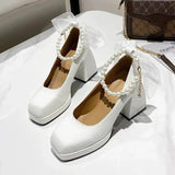 Pearls Strap Square Heels Pumps Women Shoes 2023 Fashion Pu Leather Platform Mary Janes Woman High Heels Party Wedding