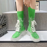 Women Rain Boots Mature Ladies Lace-up Waterproof Ladies Shoes Transparent Candy Color Soles Outdoor Girl