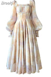 One Piece Dress Korean Fashion Beach 2023 Summer Casual French Elegant Midi Dress Woman Long Sleeve Vintage Floral