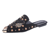 Shoes Mules For Women 2024 Ladies' Slippers Rivet Cover Toe Butterfly-Knot Low Square heel Loafers Flock New Pointed