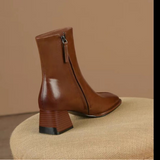 Autumn and Winter New Fashion Square Head Retro High Thick Heel Side Zipper Skinny Short Boots Women's All-match Nude