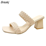 New Fashion Summer Women Sandals Ladies Shallow Mouth Colorblock High Thick Shoes Middle Heel Ladies Slippers Plus