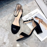 High Heel Sandals Women's Shoes Women's Summer Women's Leather Velvet Open Toe Thick Heel Buckle Bag Heel Size
