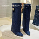Rhinestone Women's High Boots High Heels Wedges Shoes Large Size Fashion Ladies Party Lock Metal Buckle Western Boots
