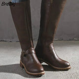 PU Leather Women Long High Boots Riding Casual Belt Buckle Zipper Autumn Platform Winter Low-heeled Black Brown Retro