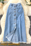 Long Denim Skirt for Women Korean Fashion Vintage Tassels High Waist Single Breasted A-line Jeans Skirt with