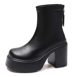 Women Chunky High Heels Ankle Boots Pu Leather Thick Platform Gothic Booties Woman Back Zipper Short Boots Female