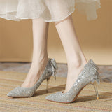 Bowknot Pumps Women New Silver Bling Sequins Wedding Party Shoes Woman Luxury Bling Upper Dress Heels Party