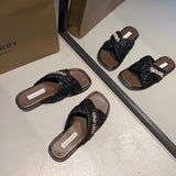 Women Shoes Summer New Vintage Woven Roman Sandals Fashion Open-Toe Sandals Female Slip-on Flats Beach Shoes Ladies