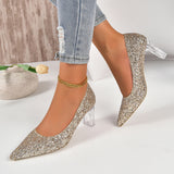 Shiny Crystal Silver Pumps Women 2024 New Clear Thick Heels Wedding Party Shoes Woman Plus Size Sequin Pointed Toe