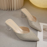 Half Drag Women's Summer Wear New Korean Thick Heel Pointed Sequin Fashion Crystal Heel