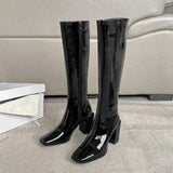 Blue Ladies Boots Winter Knee High Shaft Shoes for Women Square Toe Long Spring Autumn Fashion 2023 Work Trend Gyaru