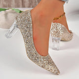 Shiny Crystal Silver Pumps Women 2024 New Clear Thick Heels Wedding Party Shoes Woman Plus Size Sequin Pointed Toe