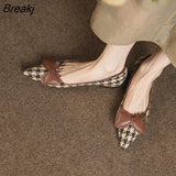 Summer French Retro New Pointed Bow Single Shoes Women's Shallow Mouth Color Matching Thousand Grid Bird Daily Low