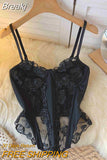 See Through Mesh Bustier Top 2023 Women Fashion Summer Black Camis Floral Embroidery Fishbone Skinny Club Party Crop