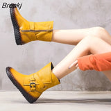 2022 Women's Boots Winter Warm Leather Handmade Retro Flat Boots Flat Shoes Genuine Leather Boots for