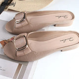 Ladies Sandals Summer Half Slippers Women's Fashion Square Buckle Casual Thick Heel Outer Wear Flat